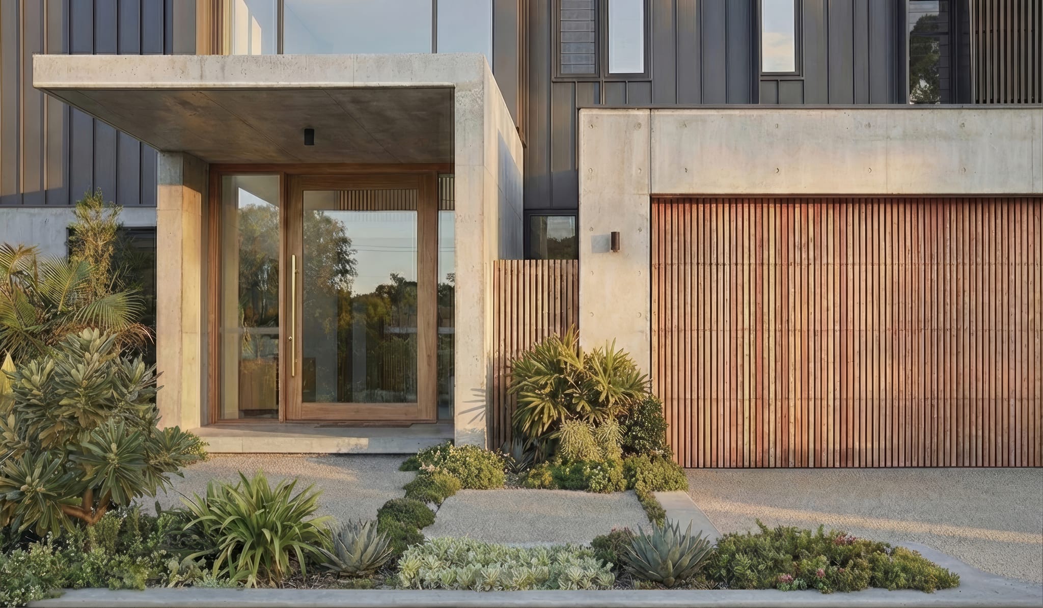 Board-formed concrete entry canopy shelters a timber-framed glass front door beside a timber batten garage, framed by coastal succulent planting.