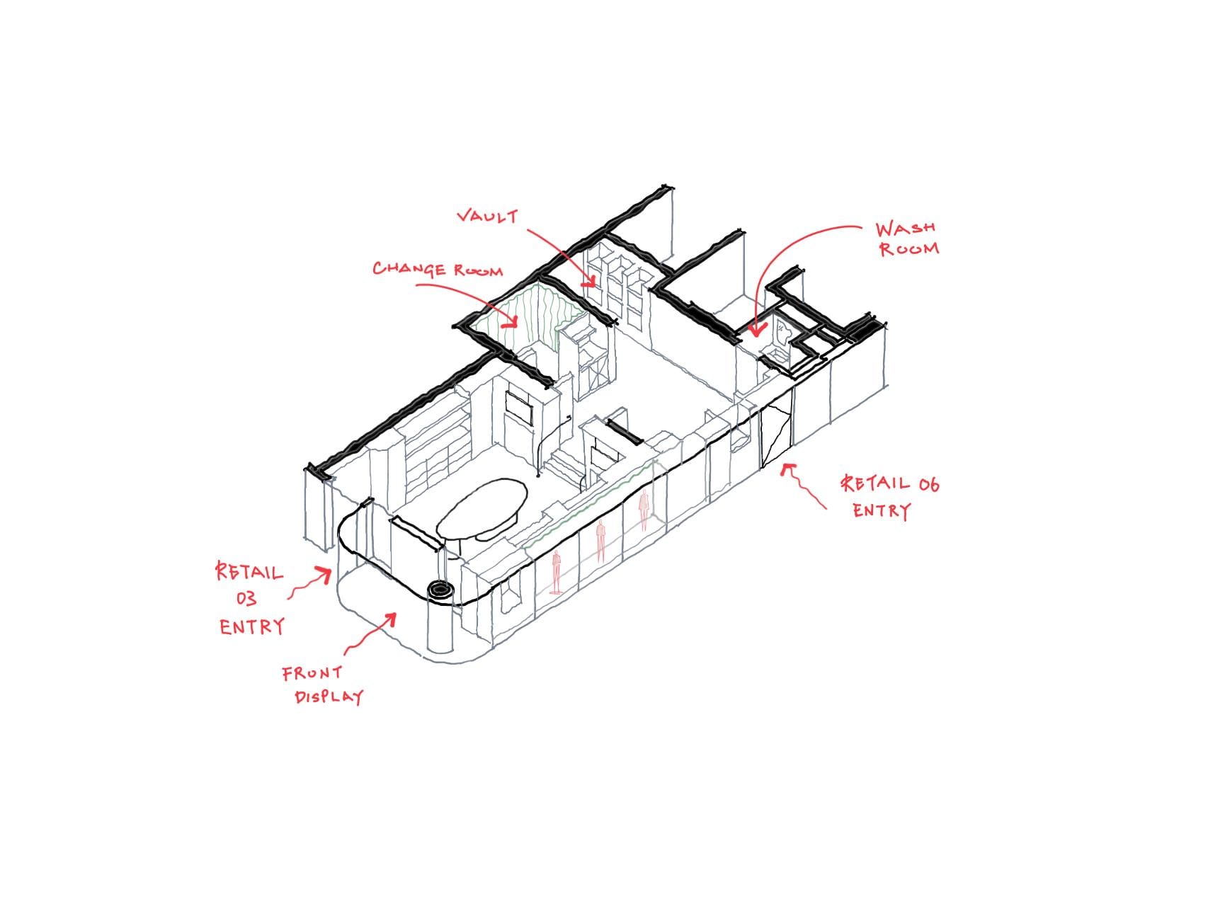 Hand-drawn isometric cutaway of the boutique layout, labelling the vault, change room, washroom, front display and retail entries.
