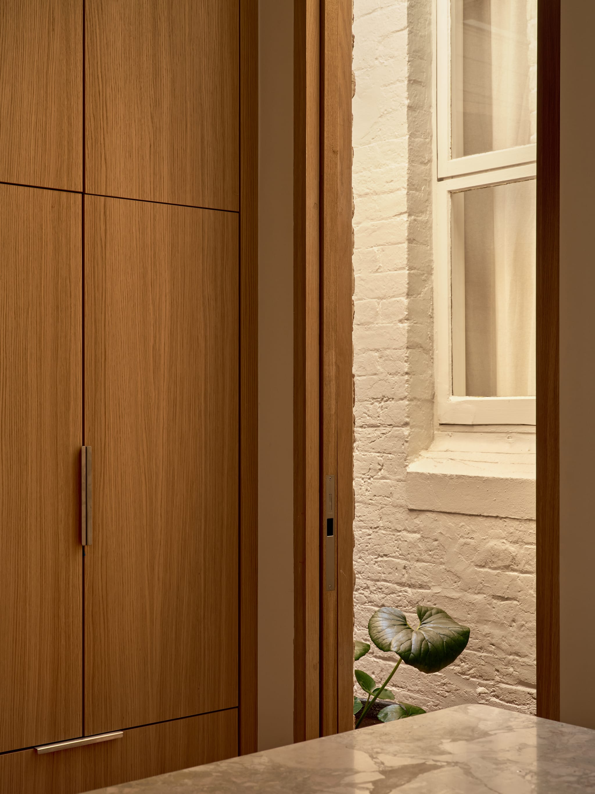 Oak cabinetry beside a slot of light well showing a painted-brick wall, a heritage sash window and a broad-leafed plant, marble benchtop in view.