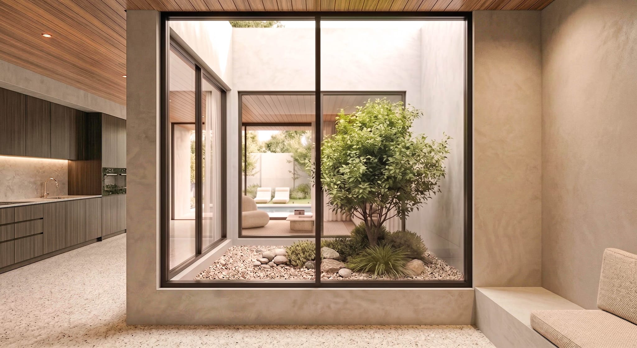 Central courtyard with a single tree, viewed from the living space of a luxury duplex, Project 28 north west Sydney