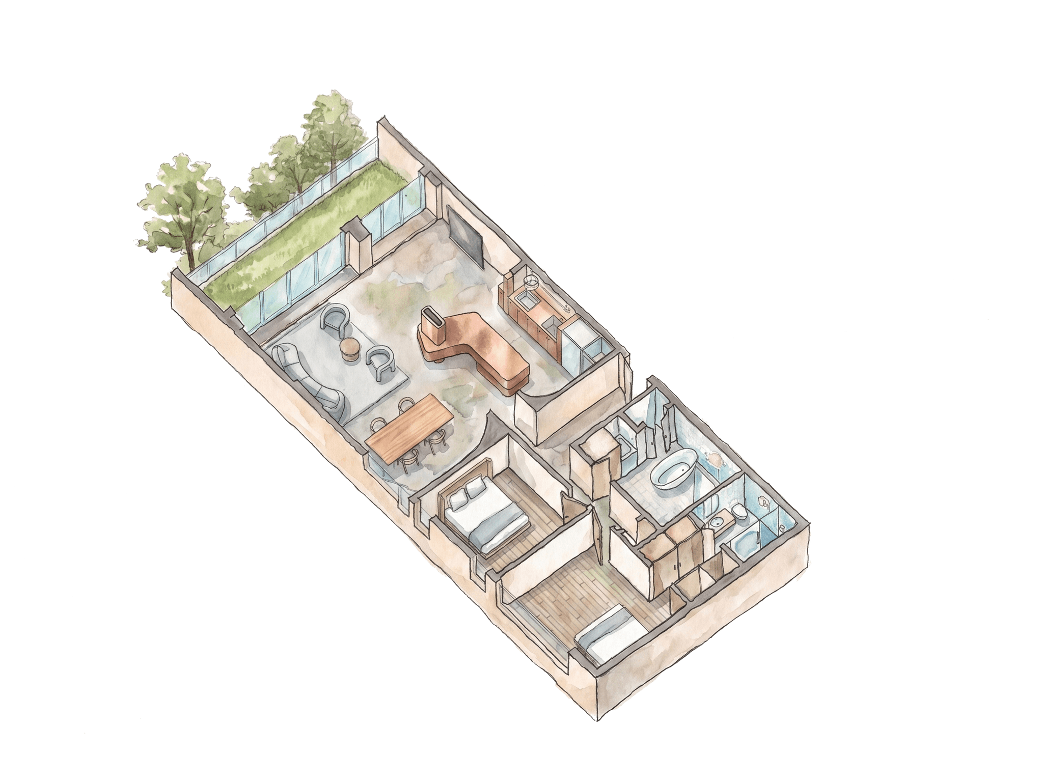 Coloured watercolour axonometric drawing cutting away the home to reveal living, kitchen, bedroom and bathrooms, with a planted roof terrace and trees