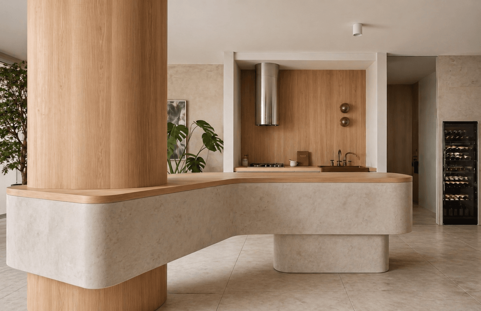 Curved natural stone island with a timber benchtop wraps a round oak column in the kitchen, with stainless rangehood, brass tap and wine fridge